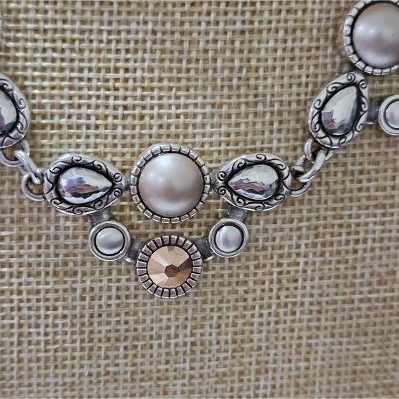 Brighton Pastille Jeweled Collar Bibb Gold Pearl and Silver Necklace New - Picture 8 of 10
